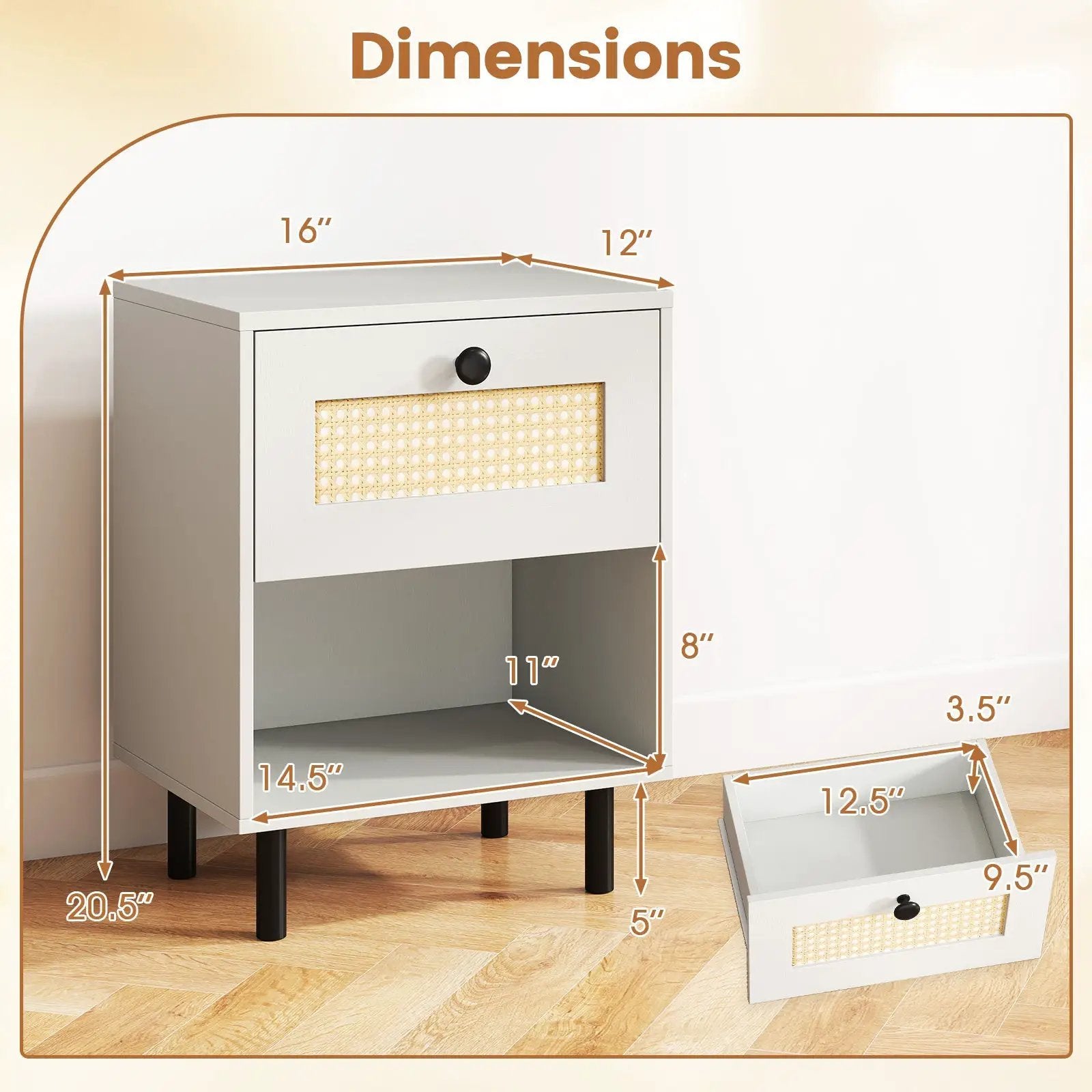 Rattan Nightstand Boho End Table with Rattan Drawer and Open Shelf by DirectDeals