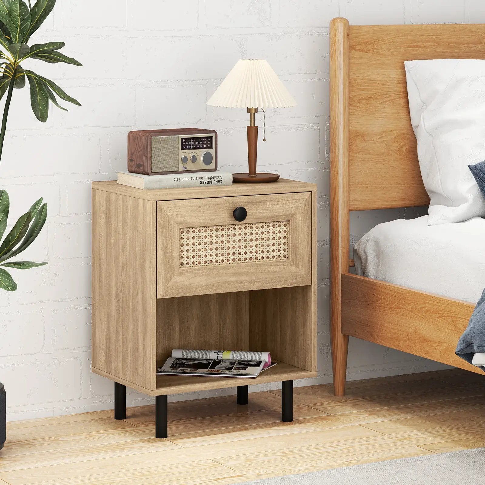 Rattan Nightstand Boho End Table with Rattan Drawer and Open Shelf by DirectDeals