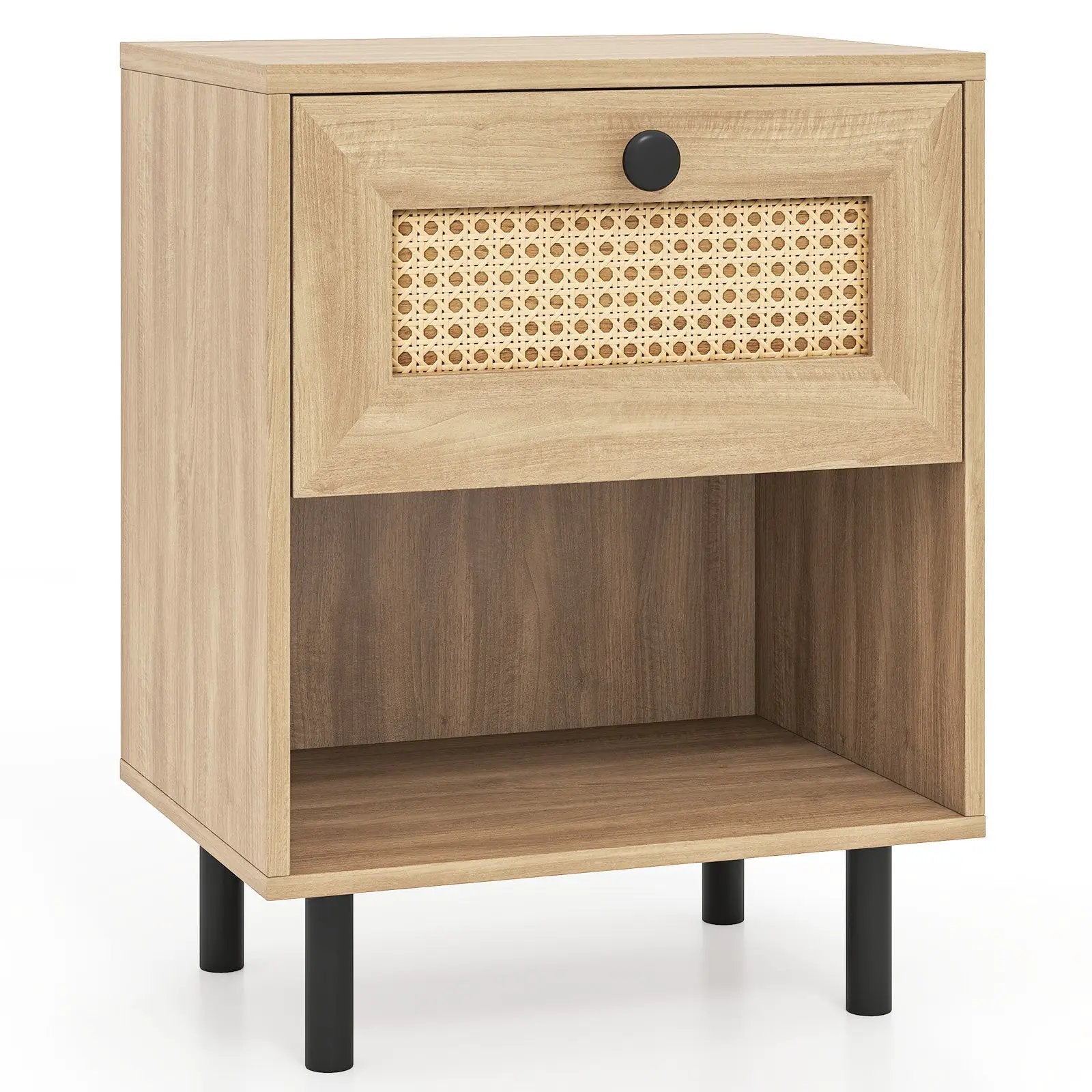 Rattan Nightstand Boho End Table with Rattan Drawer and Open Shelf by DirectDeals