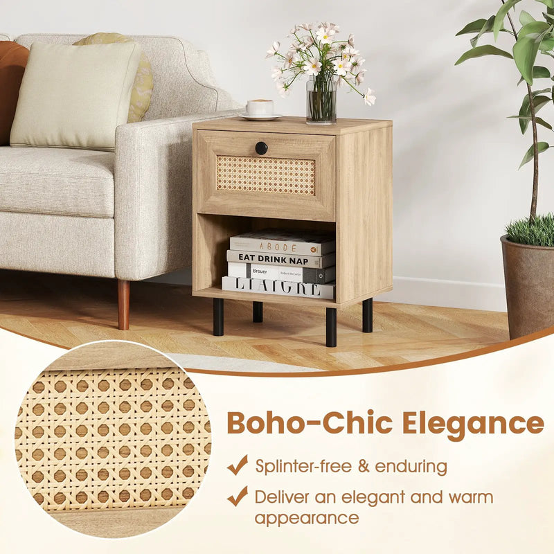 Rattan Nightstand Boho End Table with Rattan Drawer and Open Shelf by DirectDeals