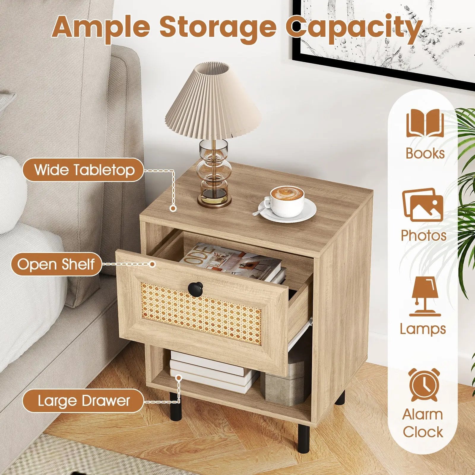 Rattan Nightstand Boho End Table with Rattan Drawer and Open Shelf by DirectDeals