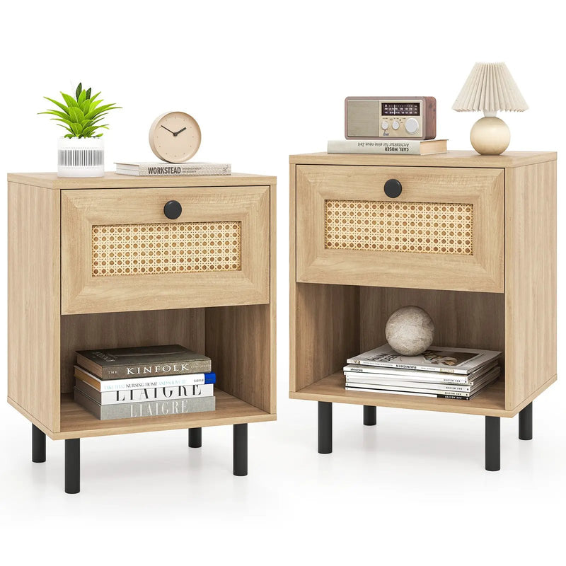 Rattan Nightstand Boho End Table with Rattan Drawer and Open Shelf Set of 2 by DirectDeals