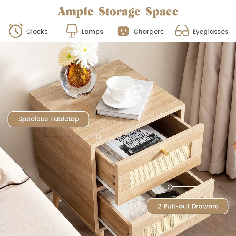 Rattan Nightstand Boho Accent Bedside Table with 2 Storage Drawers-Natural by DirectDeals