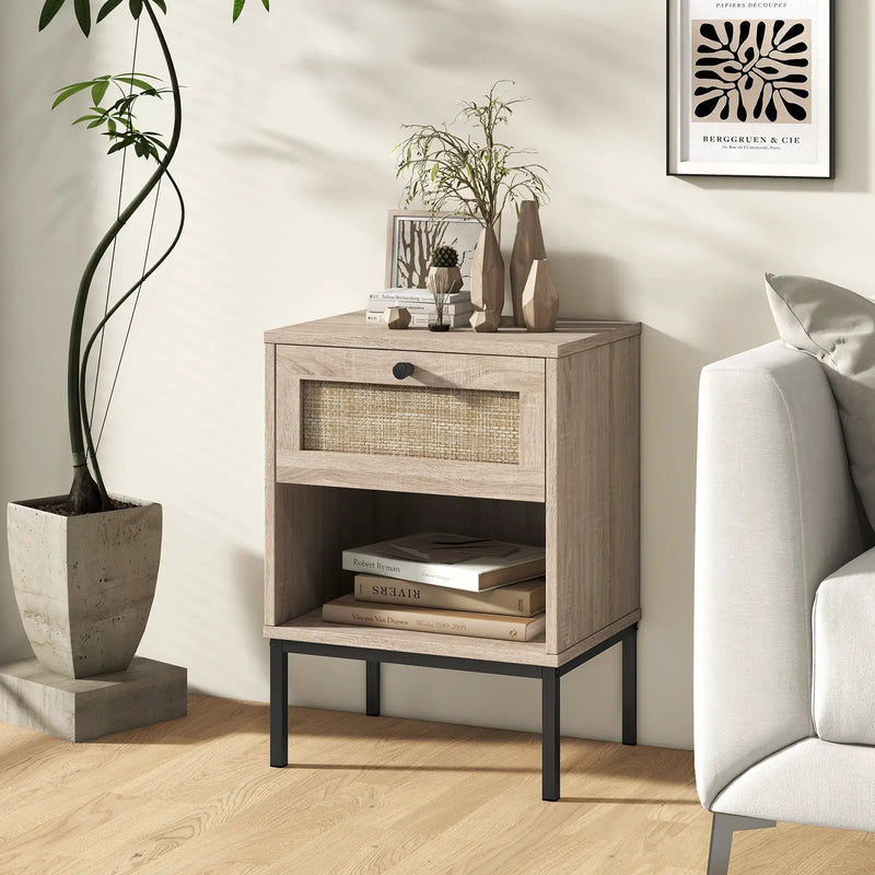 Rattan Nightstand Boho End Table with Rattan Drawer and Open Shelf Set of 2 by DirectDeals