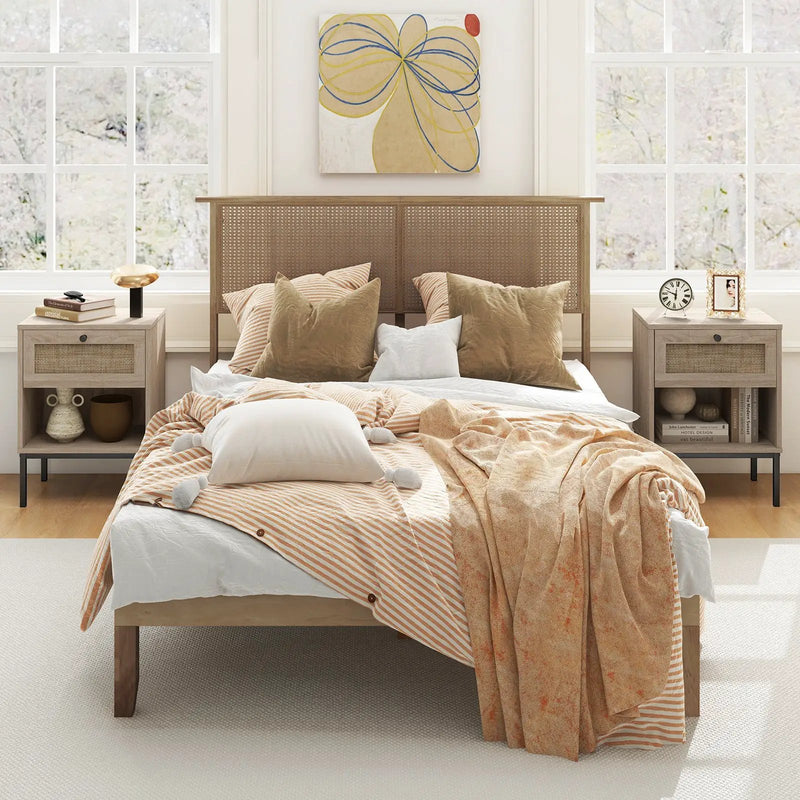 Rattan Nightstand Boho End Table with Rattan Drawer and Open Shelf Set of 2 by DirectDeals
