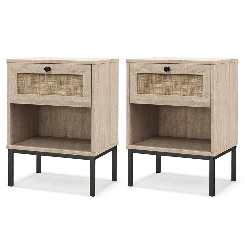 Rattan Nightstand Boho End Table with Rattan Drawer and Open Shelf Set of 2 by DirectDeals