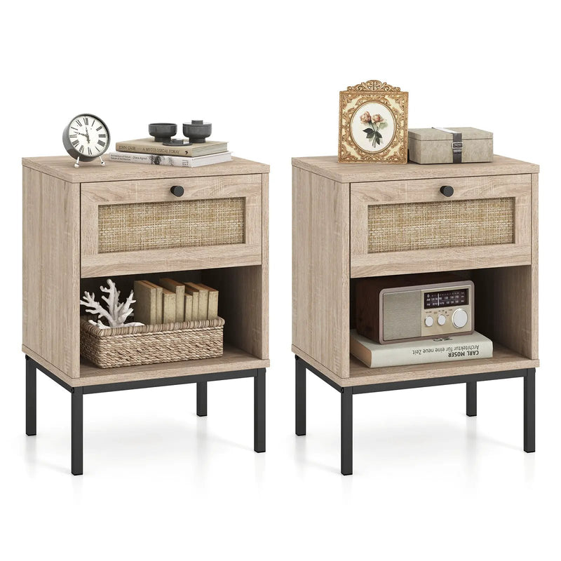 Rattan Nightstand Boho End Table with Rattan Drawer and Open Shelf Set of 2 by DirectDeals