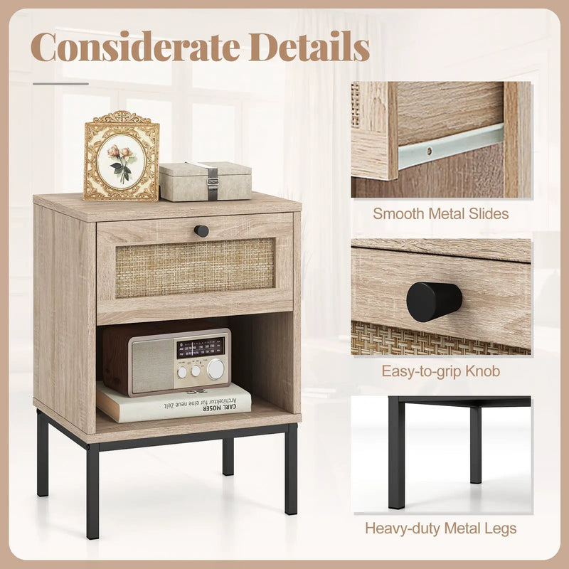 Rattan Nightstand Boho End Table with Rattan Drawer and Open Shelf Set of 2 by DirectDeals