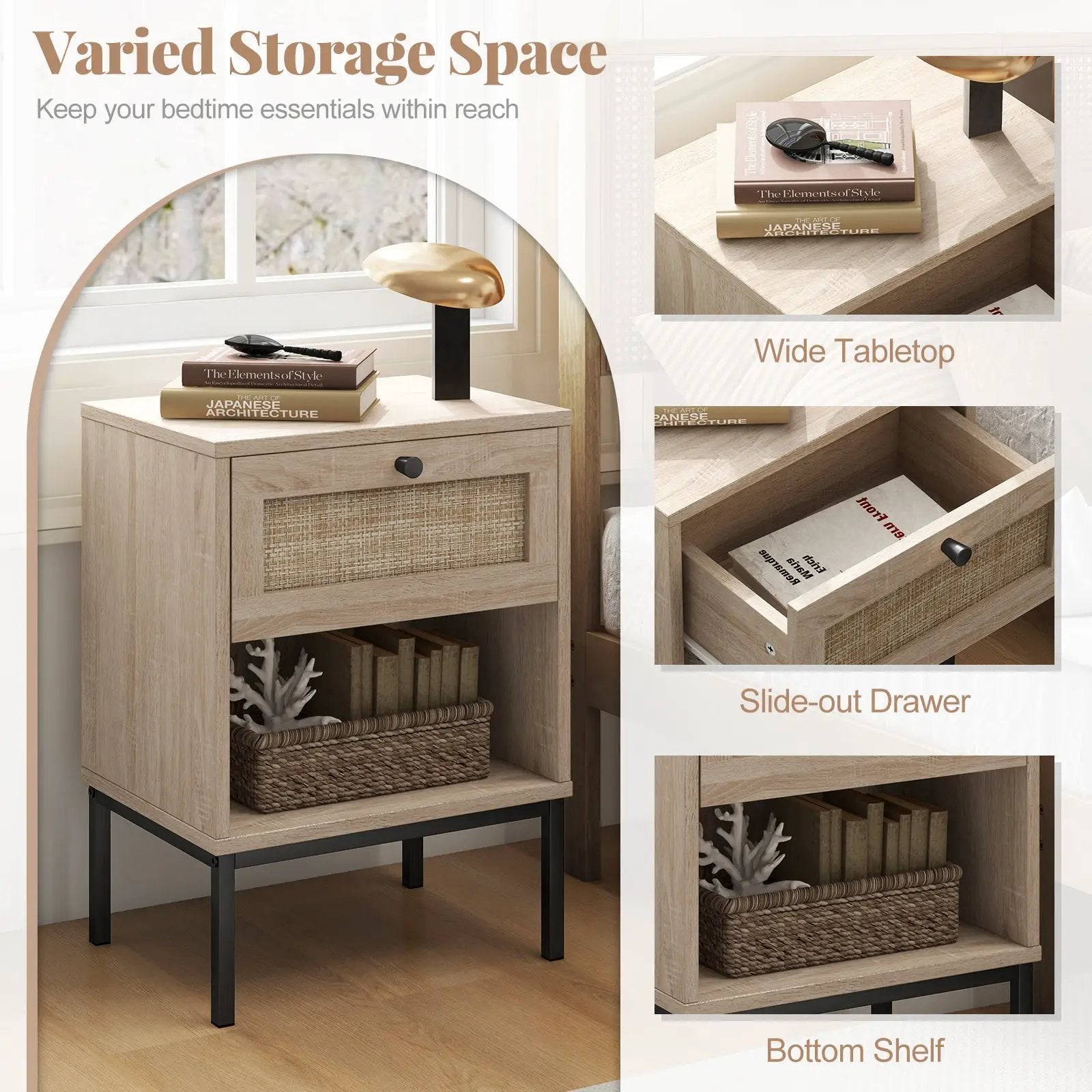 Rattan Nightstand Boho End Table with Rattan Drawer and Open Shelf Set of 2 by DirectDeals