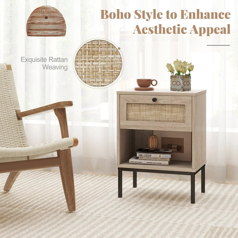 Rattan Nightstand Boho End Table with Rattan Drawer and Open Shelf Set of 2 by DirectDeals