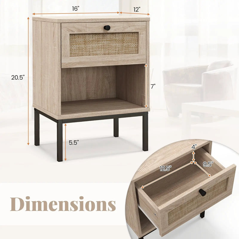 Rattan Nightstand Boho End Table with Rattan Drawer and Open Shelf Set of 2 by DirectDeals