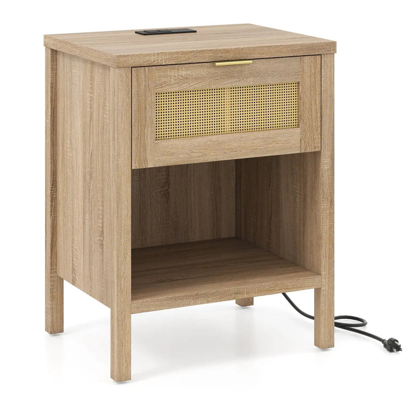 Rattan Nightstand with Charging Station and Storage Shelf for Bedroom by DirectDeals