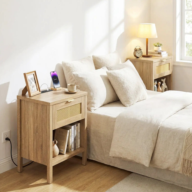 Rattan Nightstand with Charging Station and Storage Shelf for Bedroom by DirectDeals