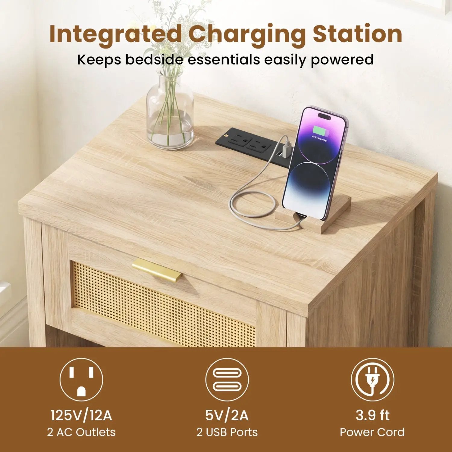 Rattan Nightstand with Charging Station and Storage Shelf for Bedroom by DirectDeals