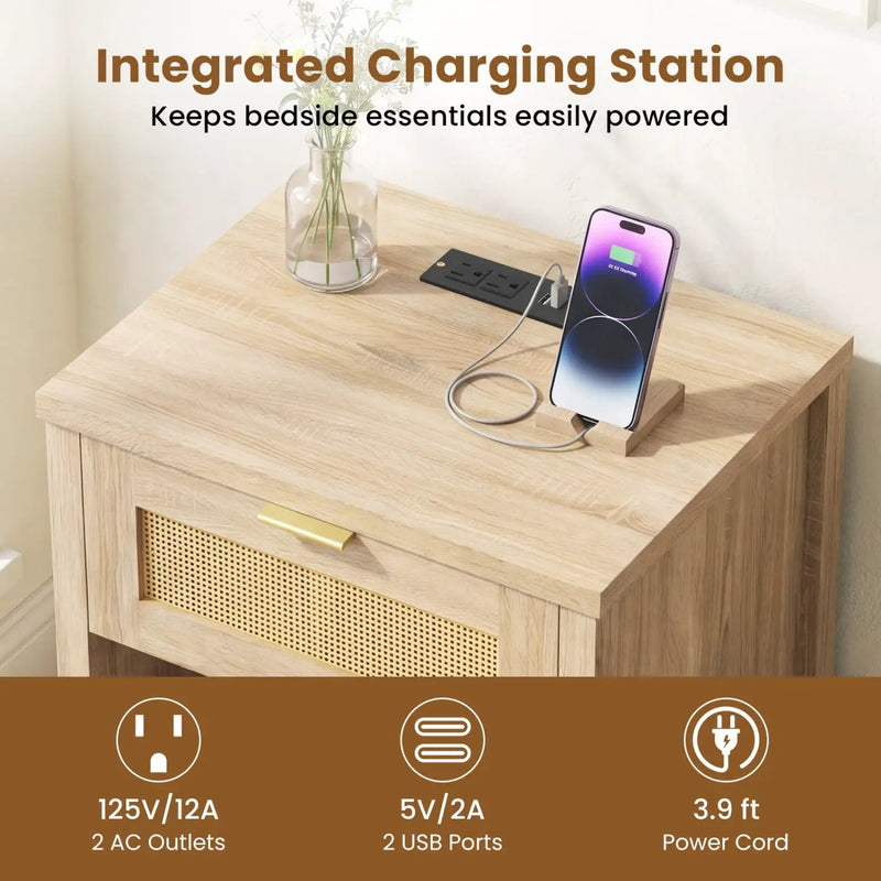 Rattan Nightstand with Charging Station and Storage Shelf for Bedroom by DirectDeals