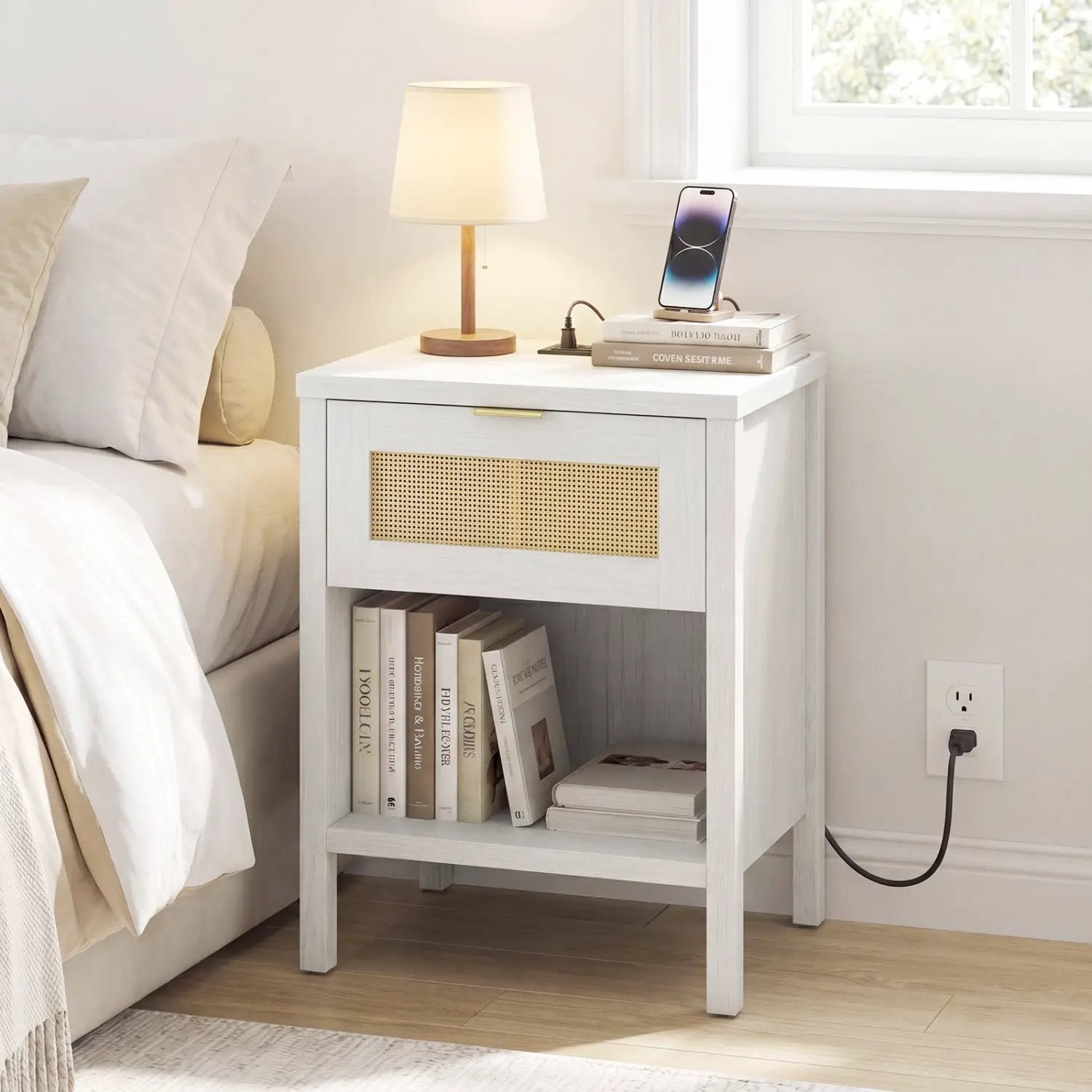 Rattan Nightstand with Charging Station and Storage Shelf for Bedroom by DirectDeals