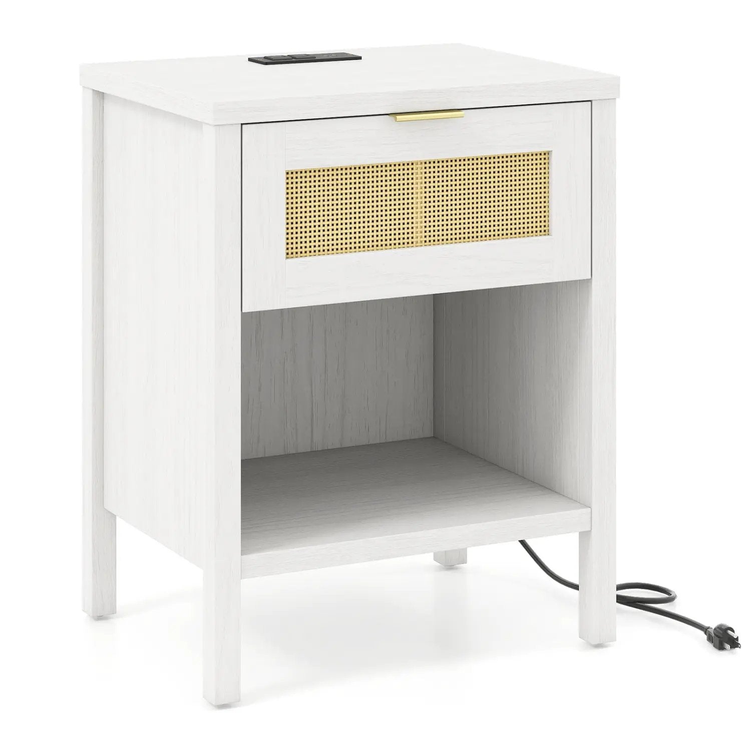 Rattan Nightstand with Charging Station and Storage Shelf for Bedroom by DirectDeals