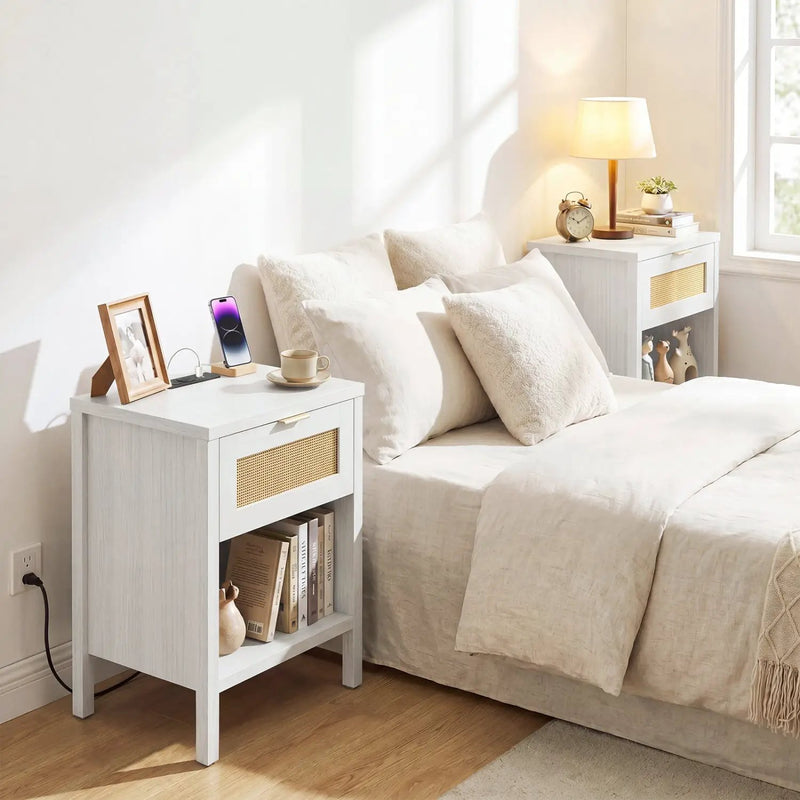 Rattan Nightstand with Charging Station and Storage Shelf for Bedroom by DirectDeals