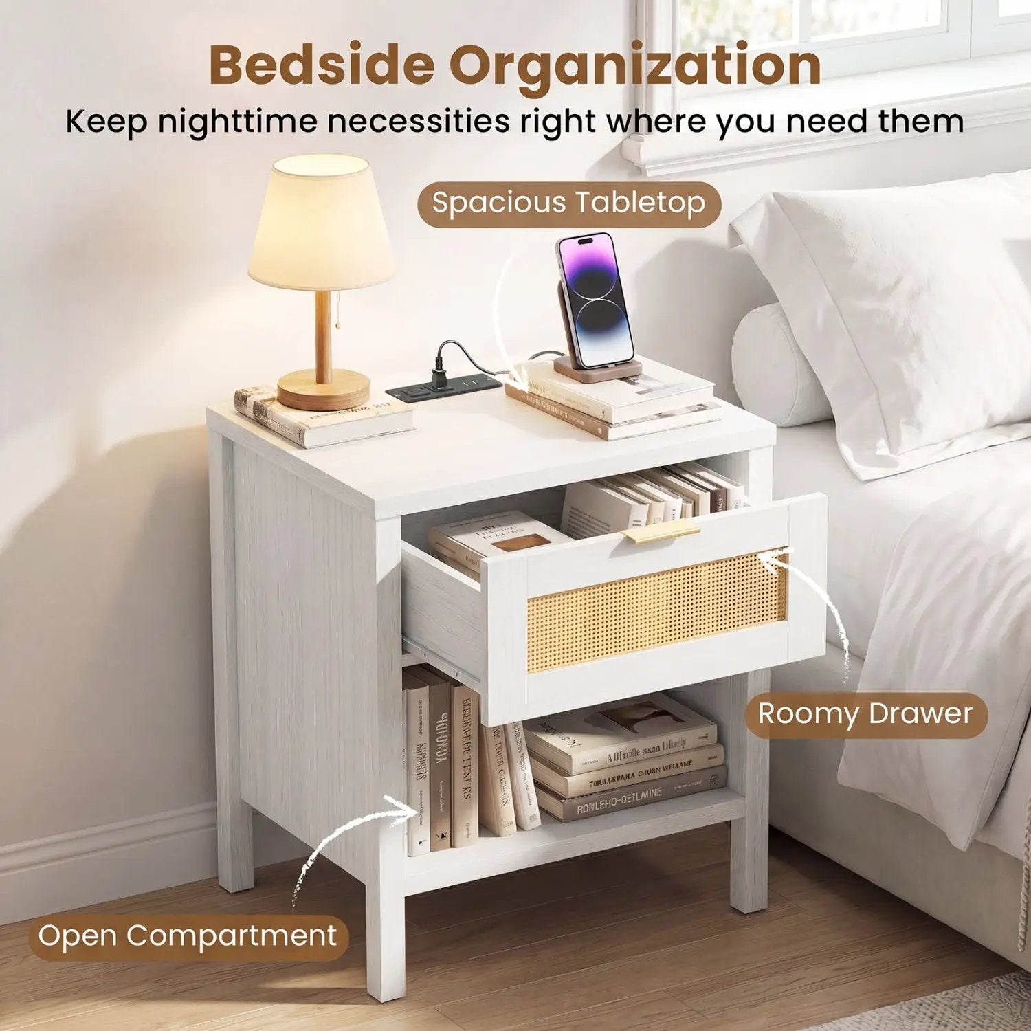 Rattan Nightstand with Charging Station and Storage Shelf for Bedroom by DirectDeals
