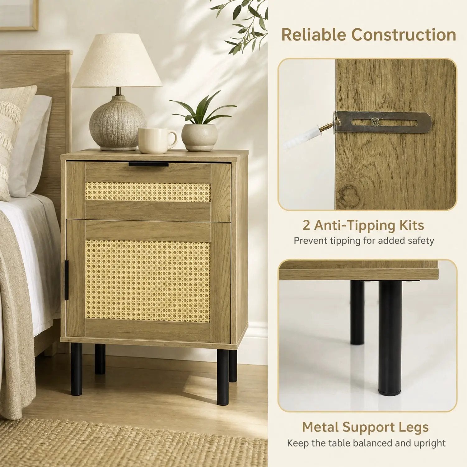 Rattan Nightstand with Drawer and Storage Cabinet by DirectDeals