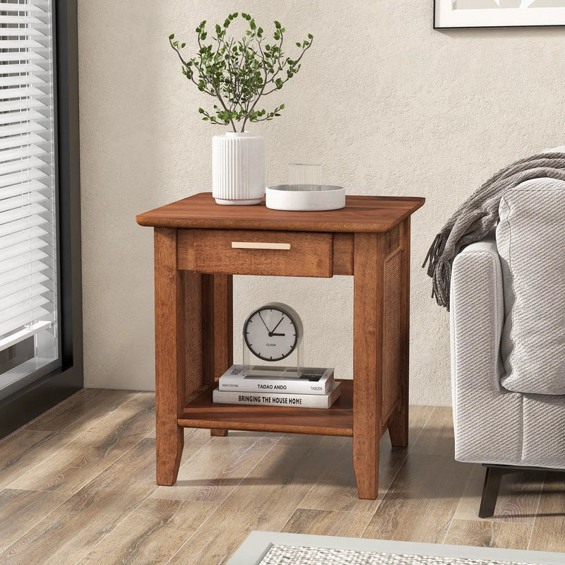 Rattan Nightstand End Table with Drawer and Storage Shelf-Walnut by DirectDeals