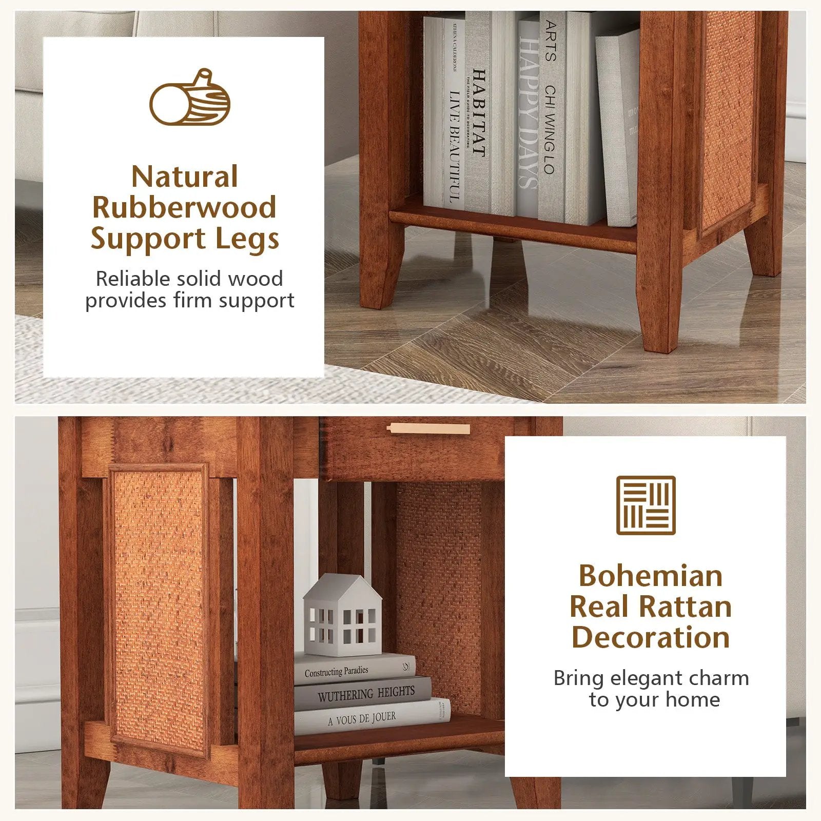 Rattan Nightstand End Table with Drawer and Storage Shelf-Walnut by DirectDeals