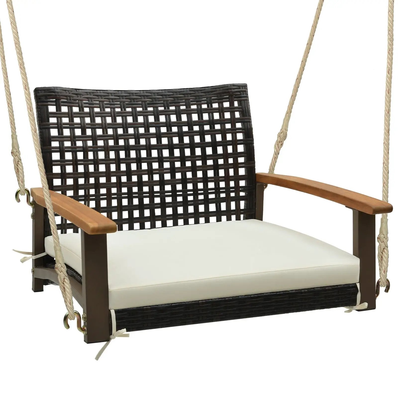 Single Rattan Porch Swing with Armrests Cushion and Hanging Ropes-White by DirectDeals