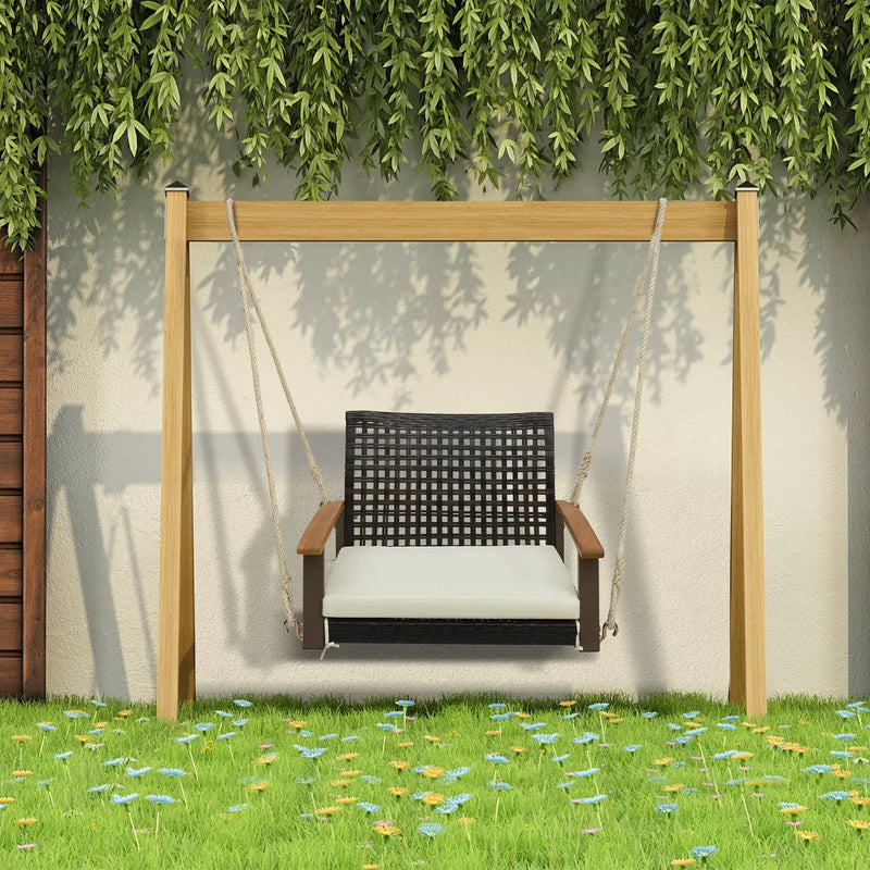Single Rattan Porch Swing with Armrests Cushion and Hanging Ropes-White by DirectDeals