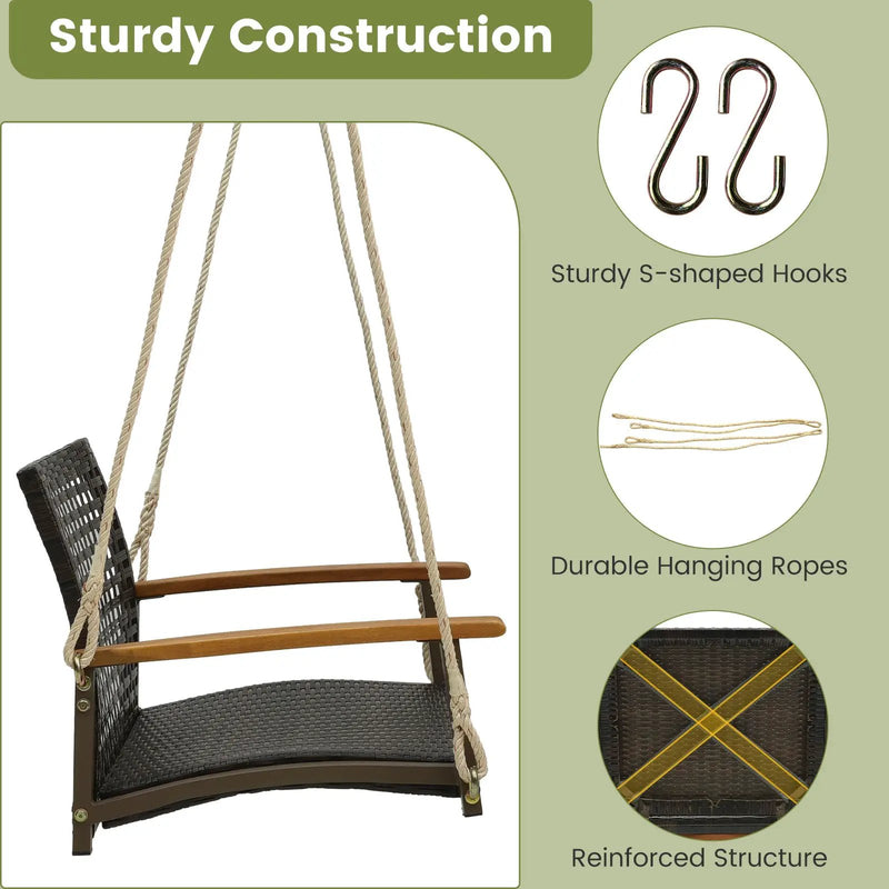 Single Rattan Porch Swing with Armrests Cushion and Hanging Ropes-White by DirectDeals