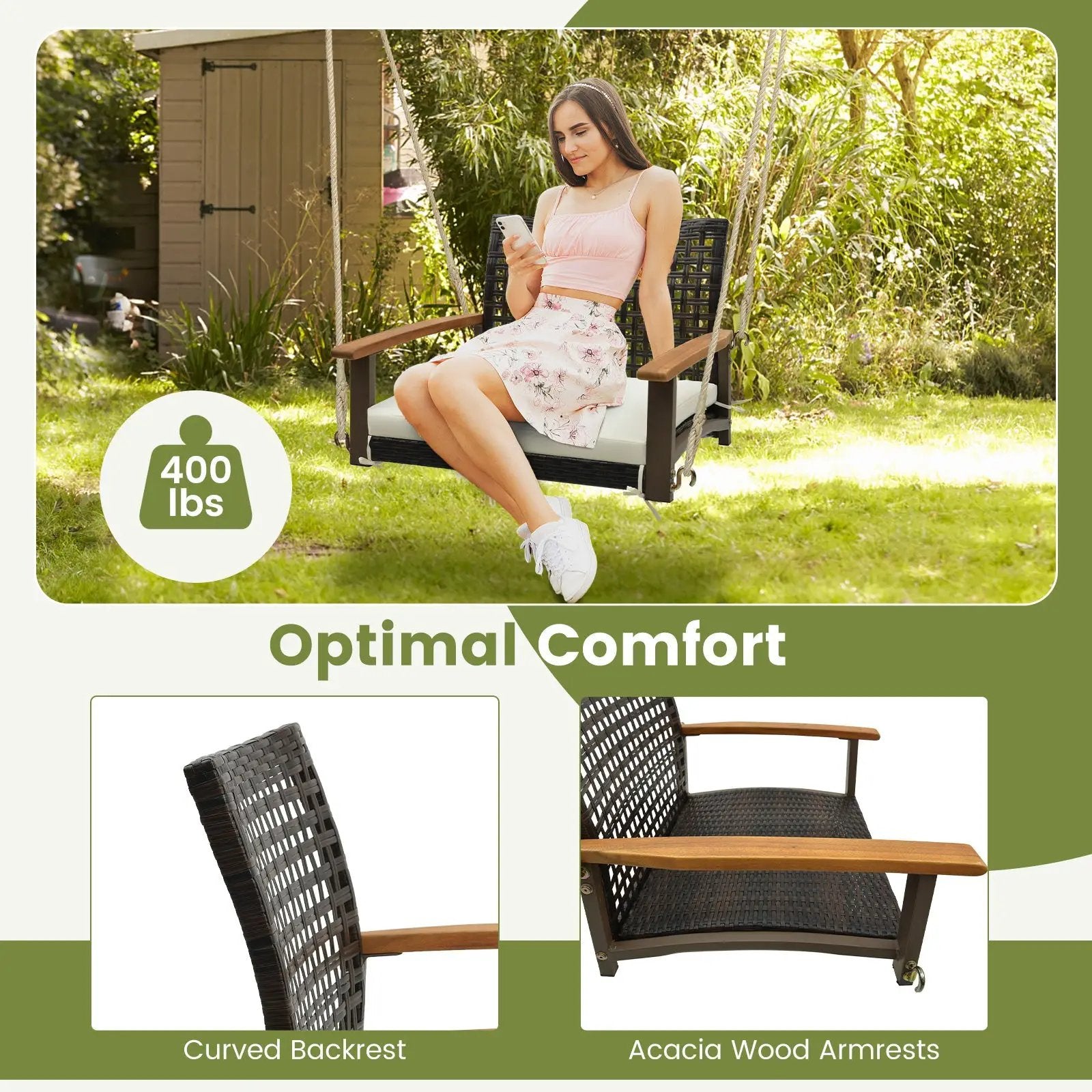Single Rattan Porch Swing with Armrests Cushion and Hanging Ropes-White by DirectDeals