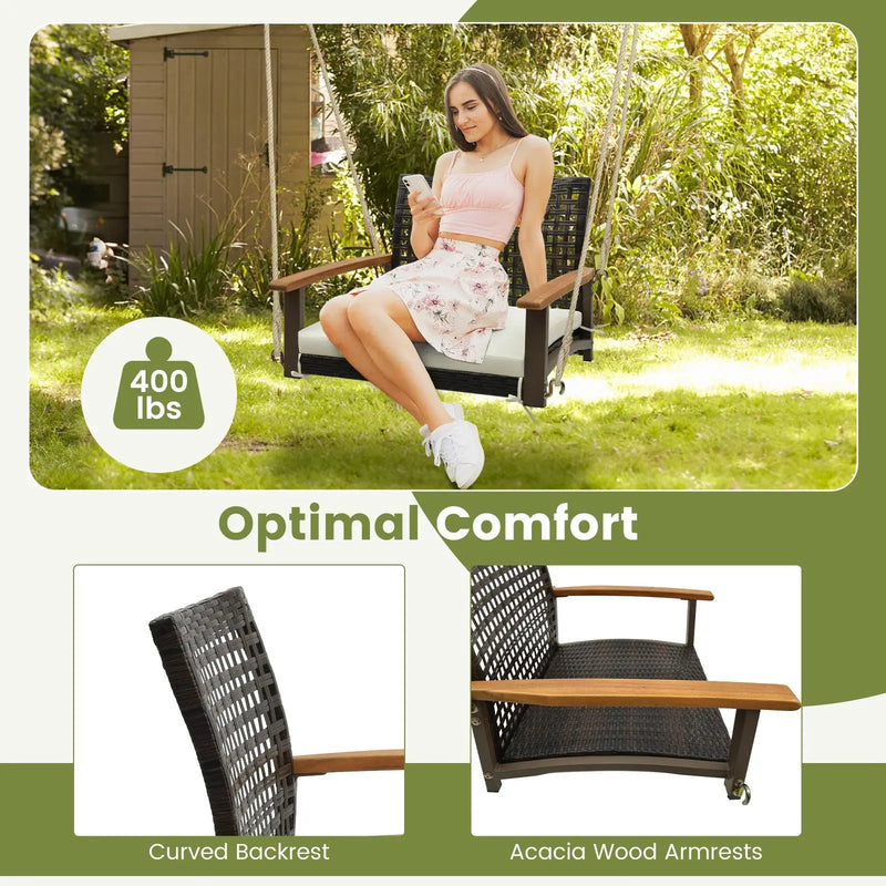 Single Rattan Porch Swing with Armrests Cushion and Hanging Ropes-White by DirectDeals