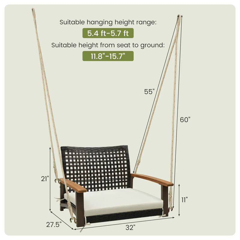 Single Rattan Porch Swing with Armrests Cushion and Hanging Ropes-White by DirectDeals