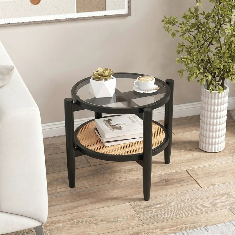 Round Rattan Side Table with Tempered Glass Top by DirectDeals