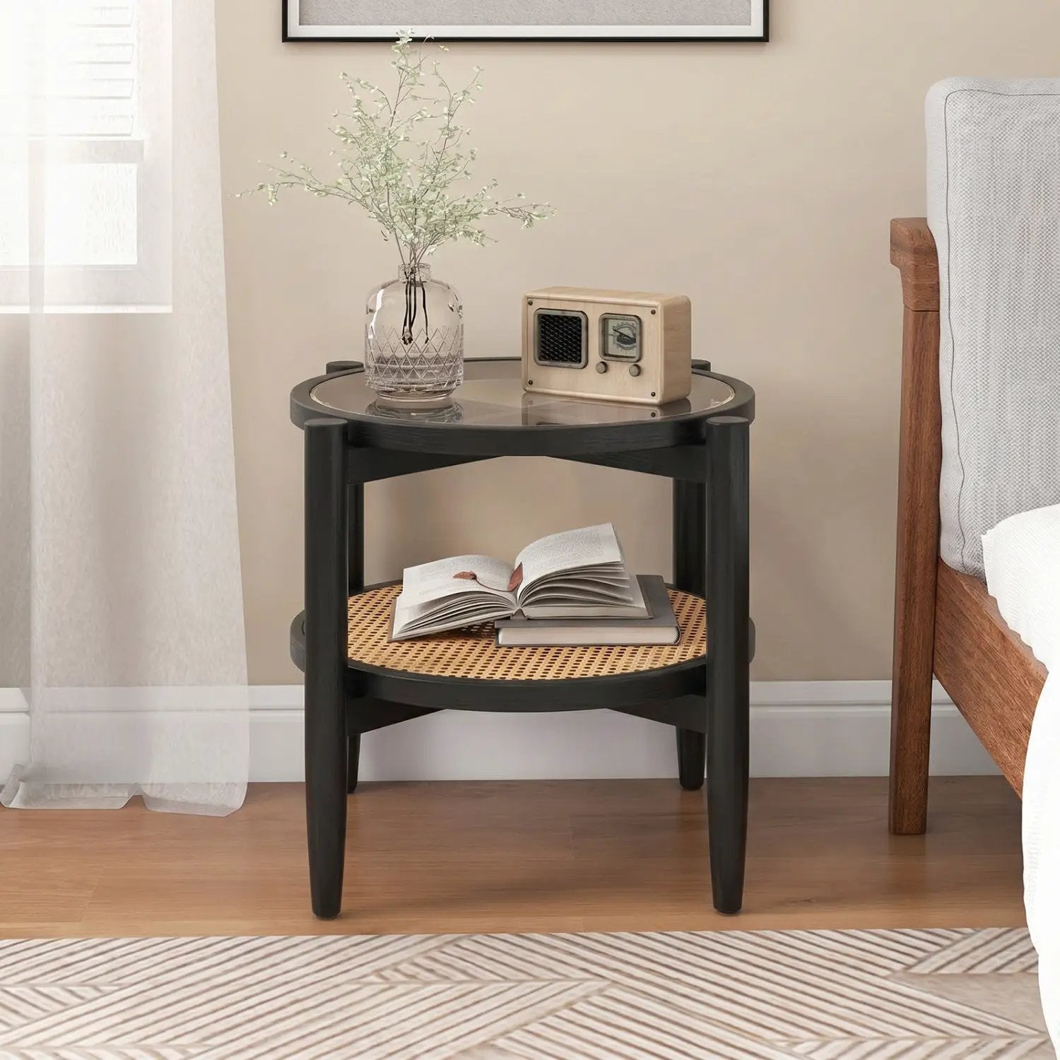Round Rattan Side Table with Tempered Glass Top by DirectDeals