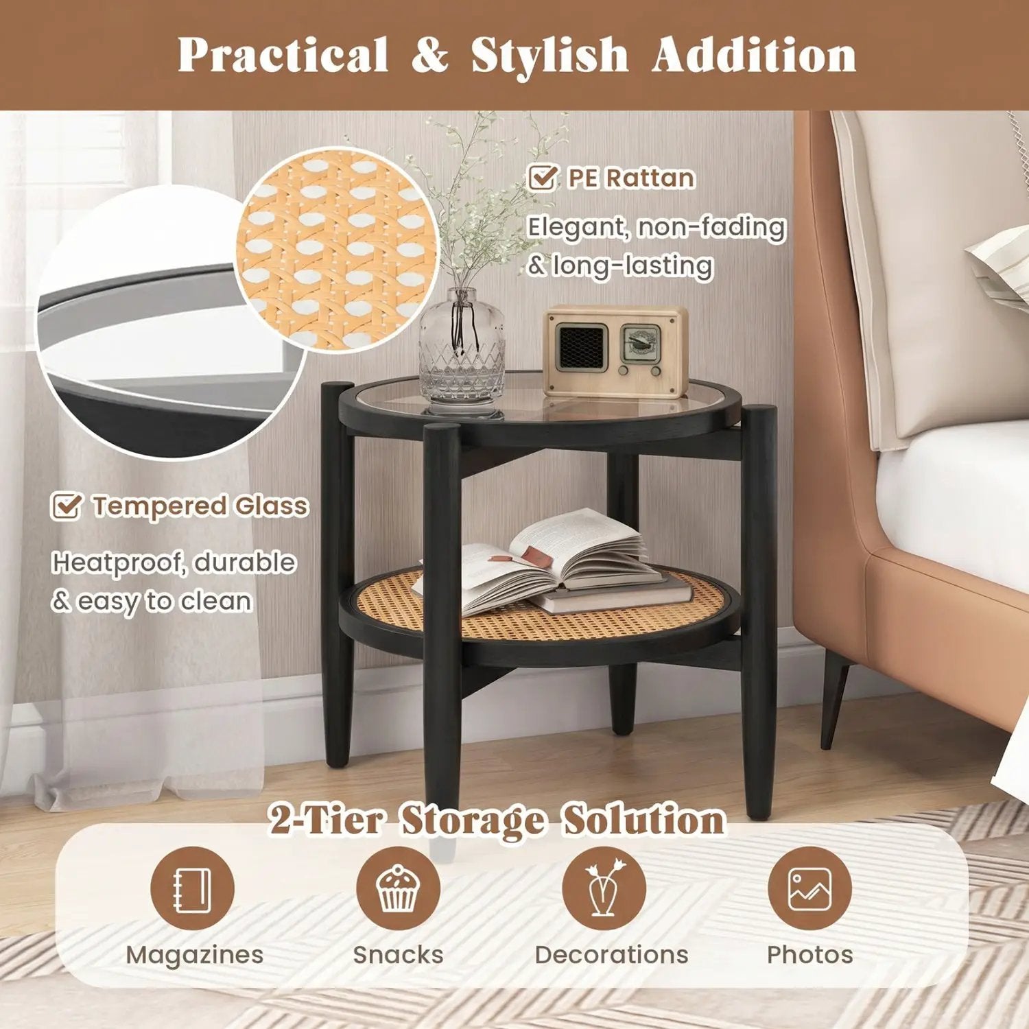 Round Rattan Side Table with Tempered Glass Top by DirectDeals