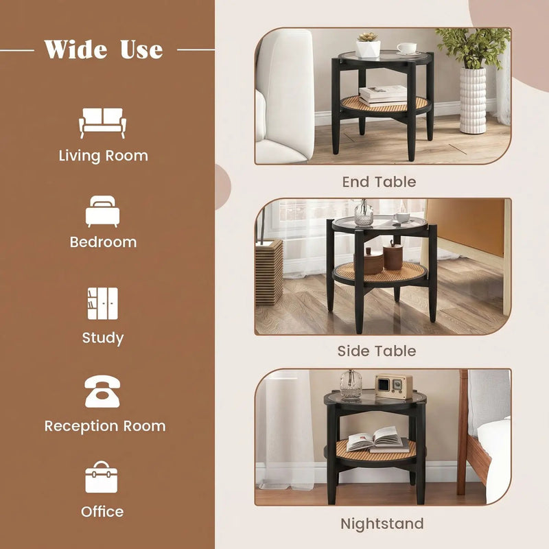 Round Rattan Side Table with Tempered Glass Top by DirectDeals