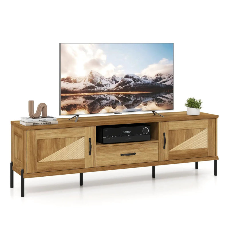 Rattan TV Stand for TVs up to 80" Mid Century Modern Media Console Table with 2 Storage Cabinets by DirectDeals