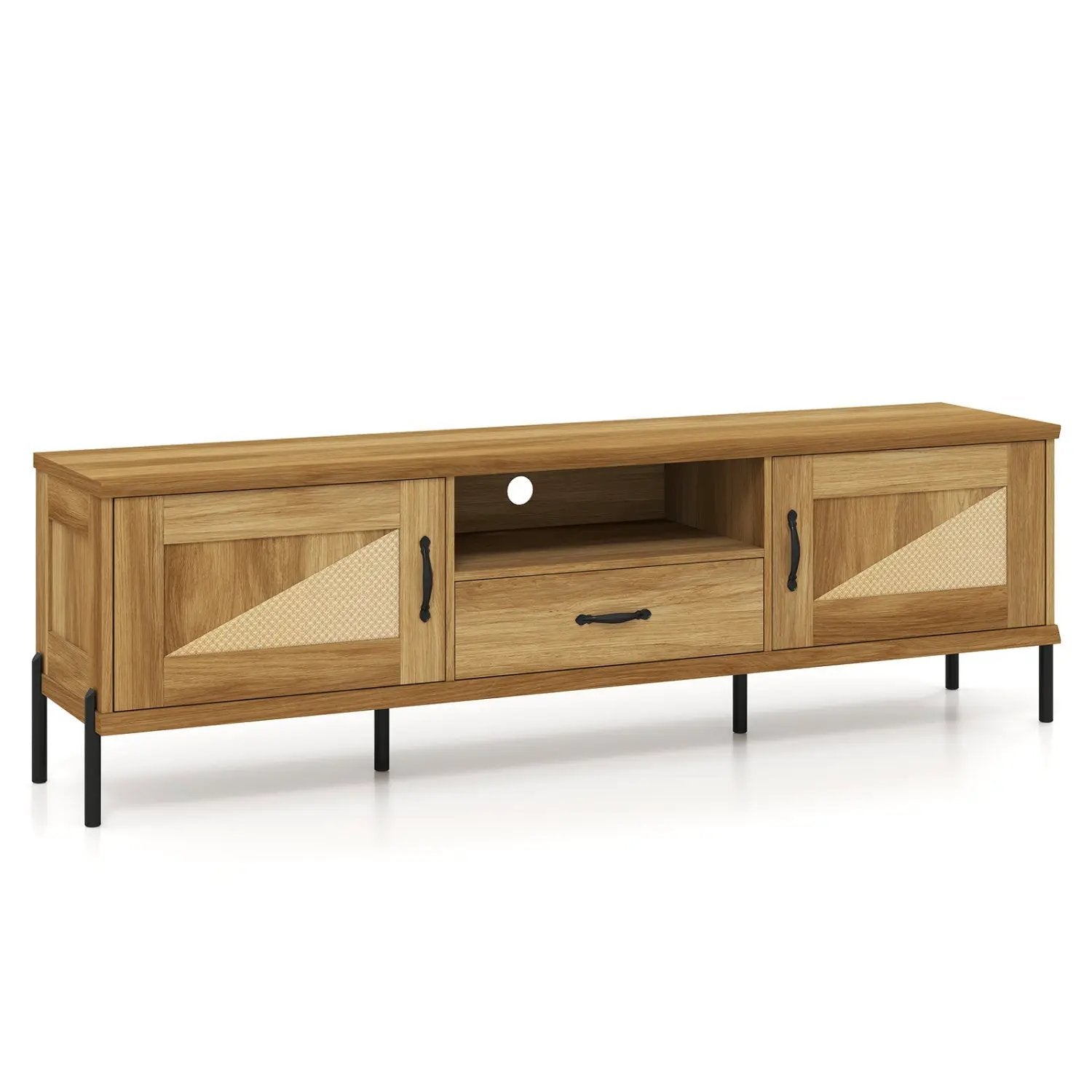 Rattan TV Stand for TVs up to 80" Mid Century Modern Media Console Table with 2 Storage Cabinets by DirectDeals