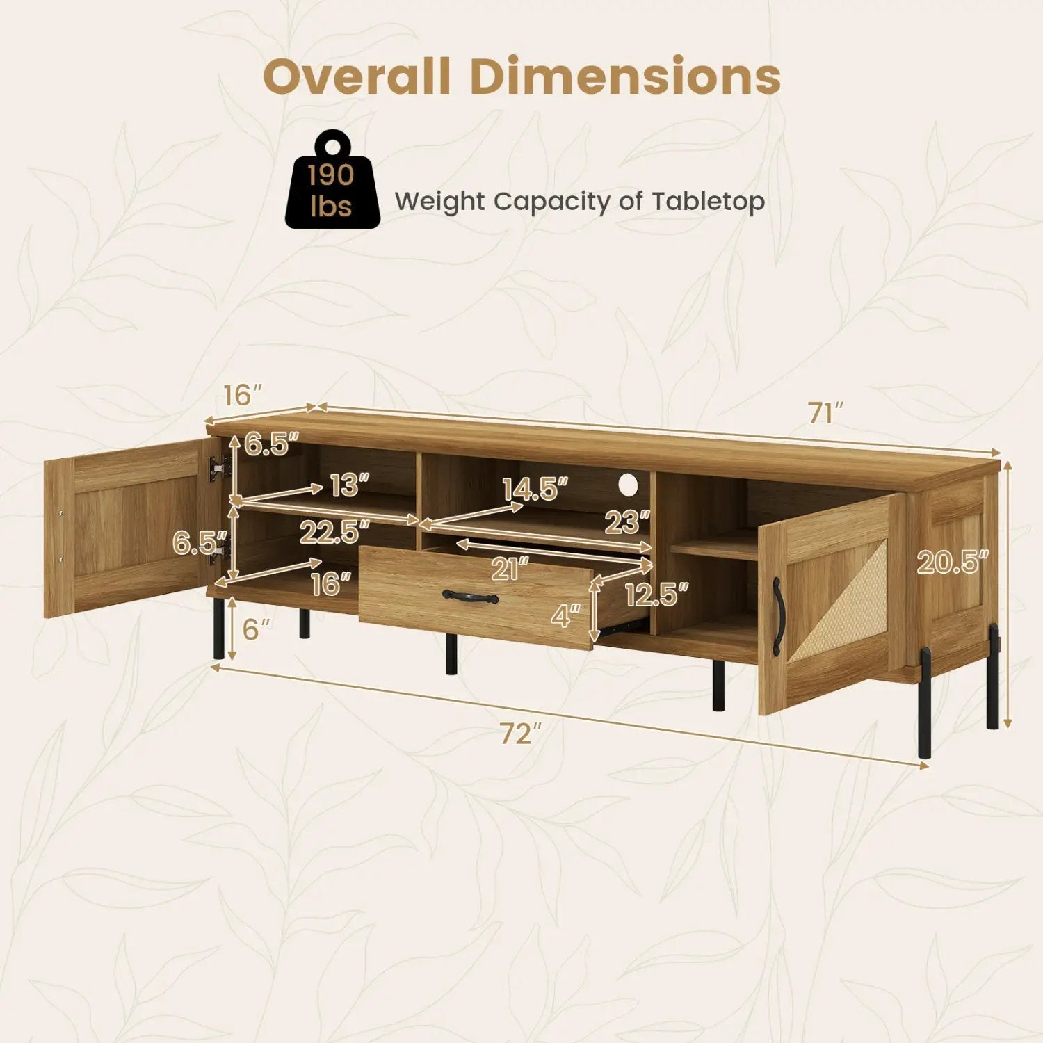 Rattan TV Stand for TVs up to 80" Mid Century Modern Media Console Table with 2 Storage Cabinets by DirectDeals
