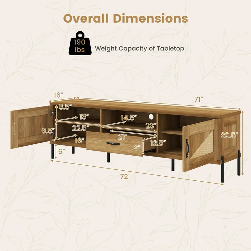Rattan TV Stand for TVs up to 80" Mid Century Modern Media Console Table with 2 Storage Cabinets by DirectDeals