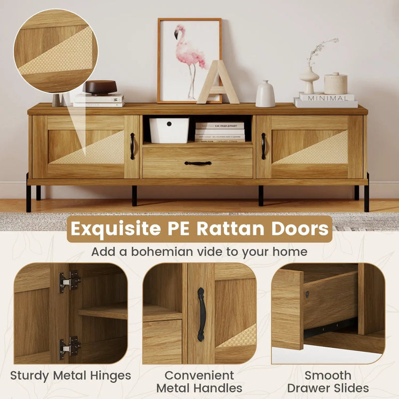 Rattan TV Stand for TVs up to 80" Mid Century Modern Media Console Table with 2 Storage Cabinets by DirectDeals