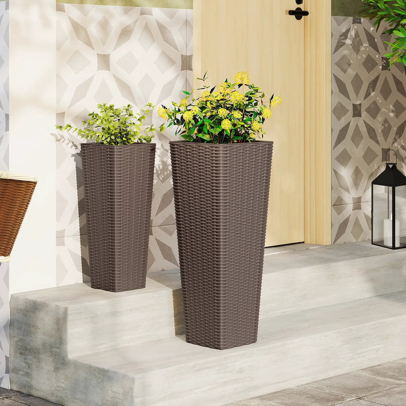Rattan Tall Planter Set of 2 Outdoor Large Tapered Planters with Removable Inner Trays by DirectDeals