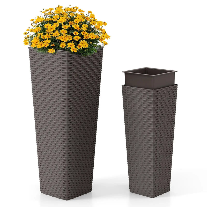 Rattan Tall Planter Set of 2 Outdoor Large Tapered Planters with Removable Inner Trays by DirectDeals