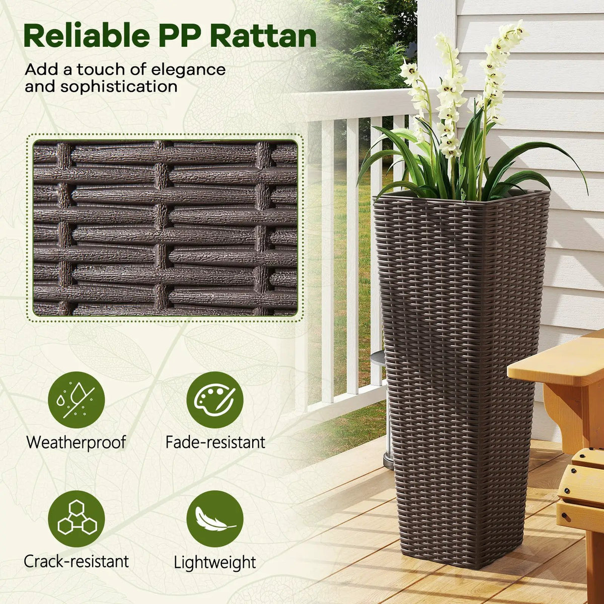 Rattan Tall Planter Set of 2 Outdoor Large Tapered Planters with Removable Inner Trays, photo 13 of 16