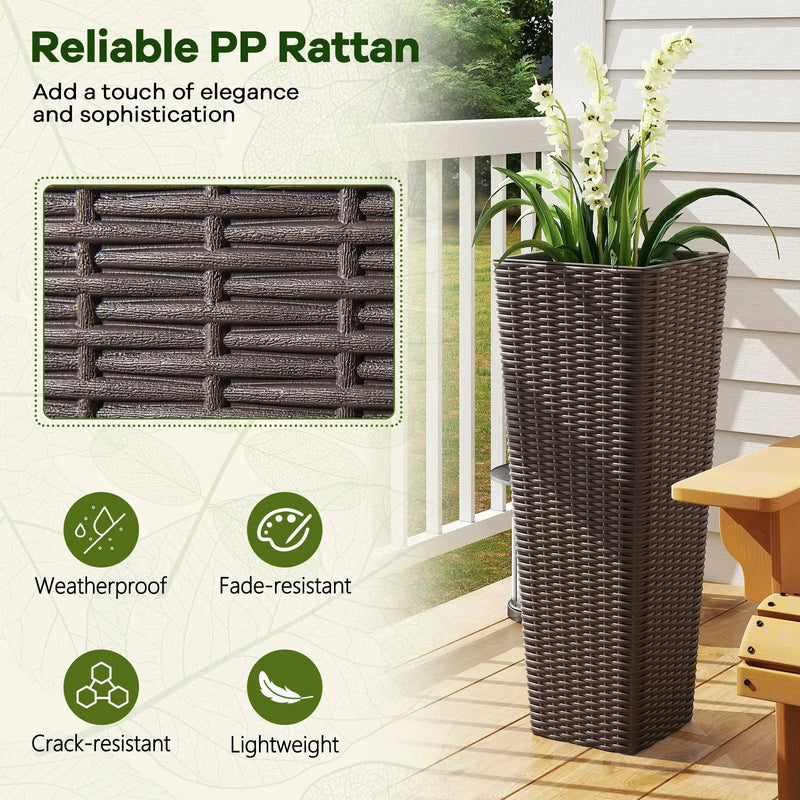 Rattan Tall Planter Set of 2 Outdoor Large Tapered Planters with Removable Inner Trays by DirectDeals