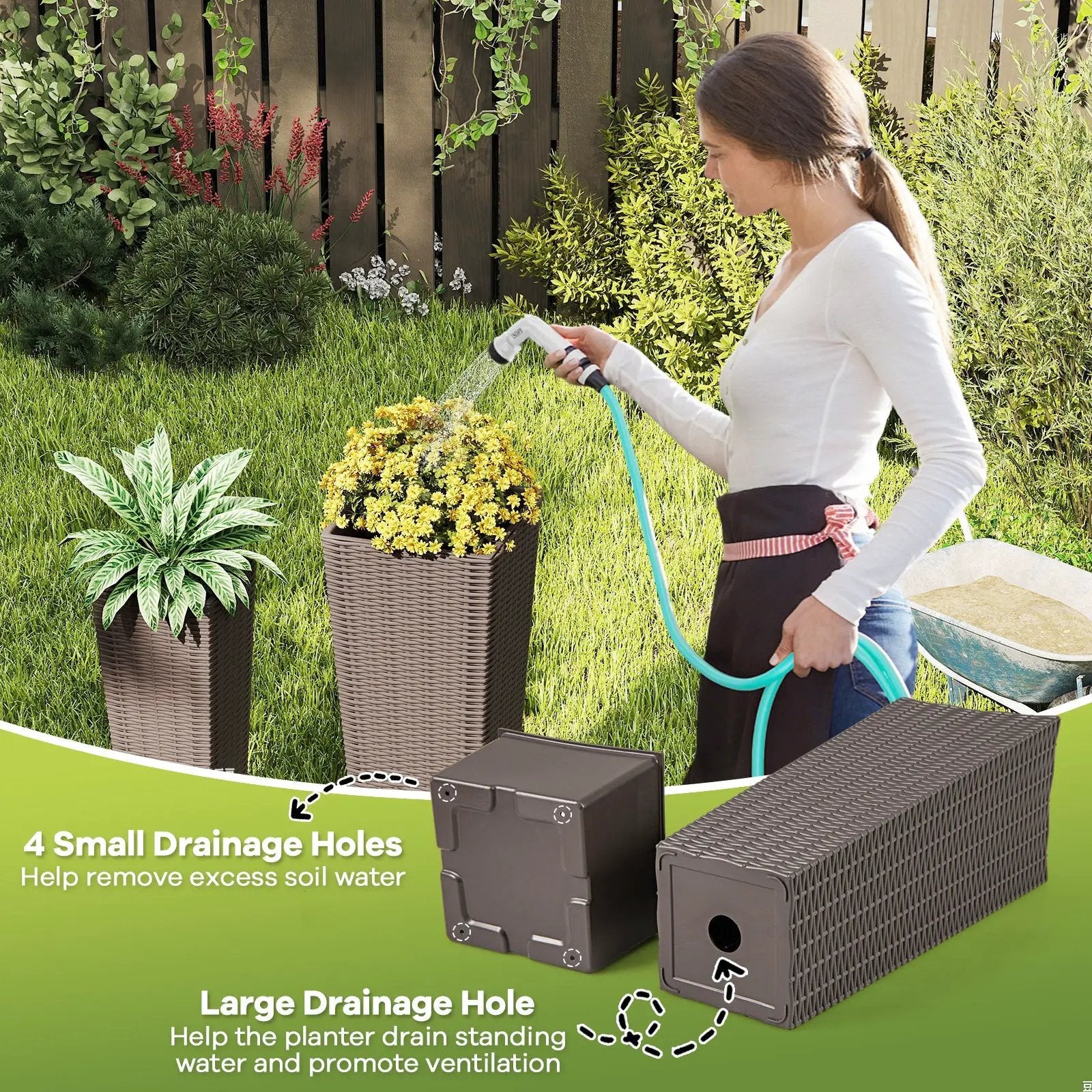 Rattan Tall Planter Set of 2 Outdoor Large Tapered Planters with Removable Inner Trays by DirectDeals