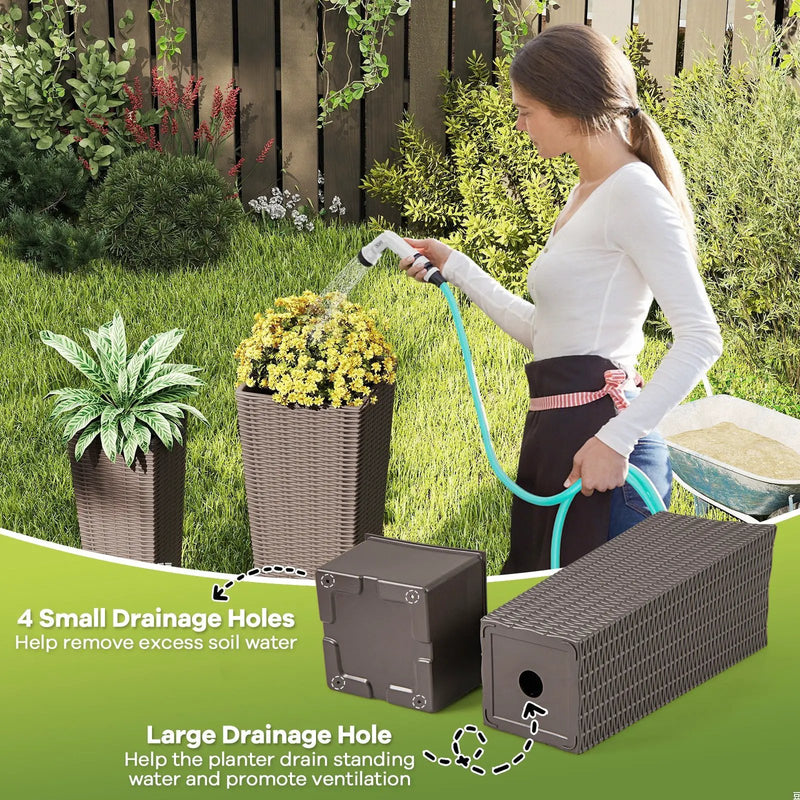 Rattan Tall Planter Set of 2 Outdoor Large Tapered Planters with Removable Inner Trays by DirectDeals