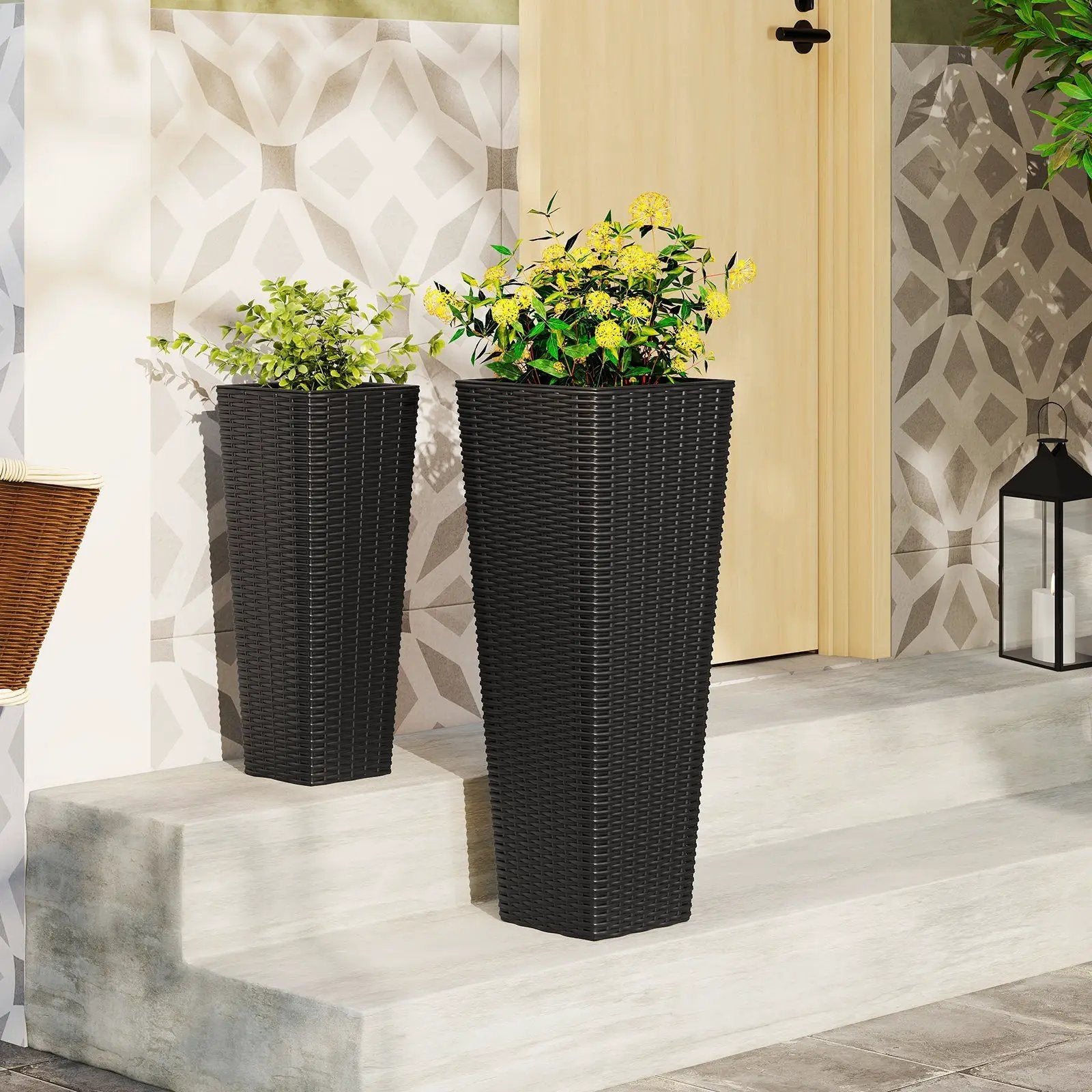 Rattan Tall Planter Set of 2 Outdoor Large Tapered Planters with Removable Inner Trays by DirectDeals