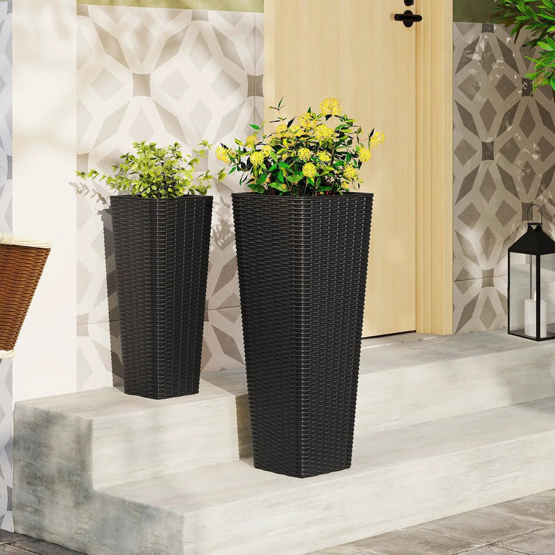 Rattan Tall Planter Set of 2 Outdoor Large Tapered Planters with Removable Inner Trays by DirectDeals