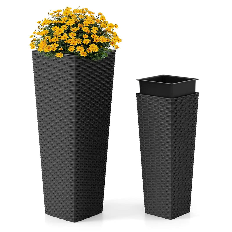 Rattan Tall Planter Set of 2 Outdoor Large Tapered Planters with Removable Inner Trays by DirectDeals